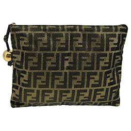 Fendi-FENDI Zucca Canvas Pouch Gold Auth 102385-Golden