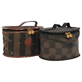 Fendi-FENDI Pecan Canvas Vanity Cosmetic Pouch 2Set Black Brown Auth bs20219-Brown,Black