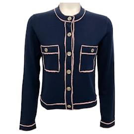 Chanel-Chanel Navy Blue Cashmere Cardigan with Pink Trim-Navy blue