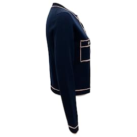 Chanel-Chanel Navy Blue Cashmere Cardigan with Pink Trim-Navy blue