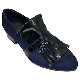 Autre Marque-Billy Reid Navy Blue / Black Patent Leather Fringed Calf Hair Loafer-Navy blue
