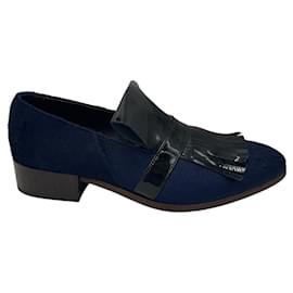 Autre Marque-Billy Reid Navy Blue / Black Patent Leather Fringed Calf Hair Loafer-Navy blue