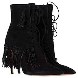 Aquazzura- Aquazzura Mustang 105 Fringe Heeled Ankle Boots in Black Suede-Black