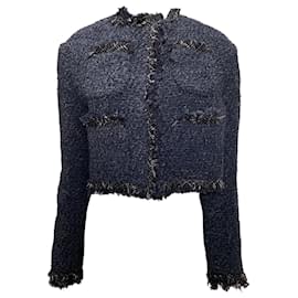 Sacai- Sacai Four-Pocket Tweed Cropped Jacket in Navy Blue Nylon-Blue,Navy blue