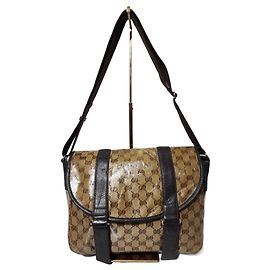 GUCCI Crystal Monogram Medium Double Buckle Flap Messenger Bag Beige/Dark Brown Brown Beige