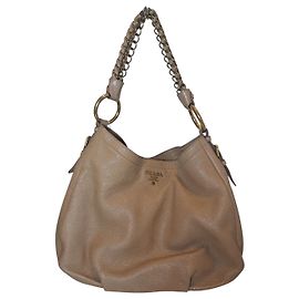 Bolsa hobo Prada Cervo Lux de couro bege dourado Bege