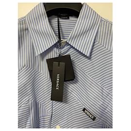 Versace-Versace Striped Cotton Shirt-White,Light blue