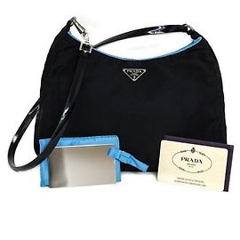 Sac à main Prada Cleo en nylon noir et cuir verni bleu Noir Bleu