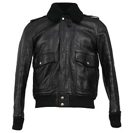 Saint Laurent Shearling Collar Aviator Bomber Jacket in Black Leather Black