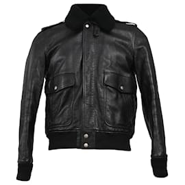 Saint Laurent-Saint Laurent Shearling Collar Aviator Bomber Jacket in Black Leather-Black