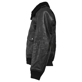 Saint Laurent-Saint Laurent Shearling Collar Aviator Bomber Jacket in Black Leather-Black