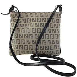 Fendi-Fendi Zucchino Canvas Leather Shoulder Bag-Black,Beige