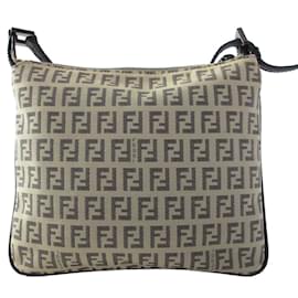 Fendi-Fendi Zucchino Canvas Leather Shoulder Bag-Black,Beige