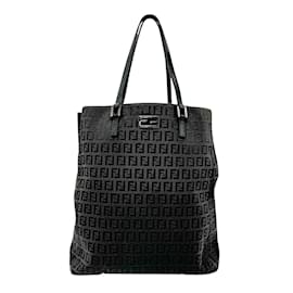 Fendi-Fendi Zucchino Canvas Leather Handbag Tote-Black,Dark brown