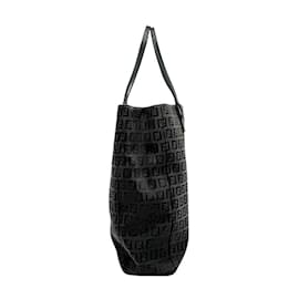 Fendi-Fendi Zucchino Canvas Leather Handbag Tote-Black,Dark brown