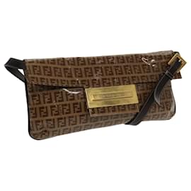 Fendi-FENDI Zucchino Canvas Shoulder Bag Enamel Brown Gold Auth 102279-Brown,Golden