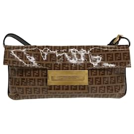 Fendi-FENDI Zucchino Canvas Shoulder Bag Enamel Brown Gold Auth 102279-Brown,Golden