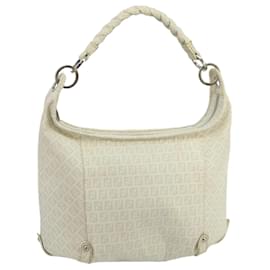 Fendi-FENDI Zucchino Canvas Shoulder Bag White Auth 100795-White