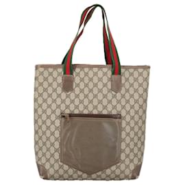 Gucci-GUCCI GG Supreme Web Sherry Line Tote Bag PVC Leather Beige Auth ki5118-Beige