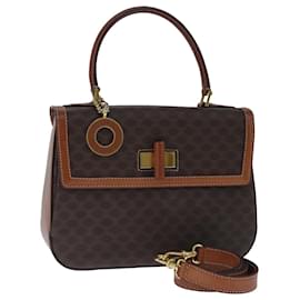 Céline-CELINE Macadam Canvas Hand Bag PVC Leather 2way Brown Gold Auth 100655-Brown,Golden