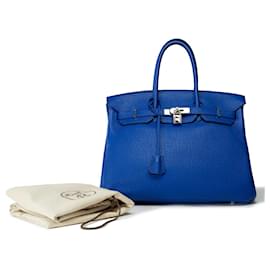 Hermès-HERMES Birkin 35 Bag in Blue Leather - 102282-Blue