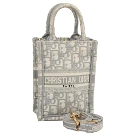 Christian Dior-Christian Dior Oblique Vertical Book Tote Mini Tote Bag Canvas Gray Auth 100796A-Brown