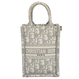 Christian Dior-Christian Dior Oblique Vertical Book Tote Mini Tote Bag Canvas Gray Auth 100796A-Brown