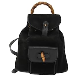 Gucci-GUCCI Bamboo Backpack Suede Black Gold 003 1705 0030 Auth ep6590-Black,Golden