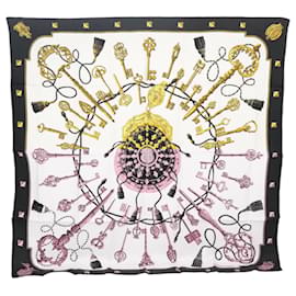 Hermès-HERMES Carre90 LES CLES Scarf Silk Black White Auth 101240-Black,White