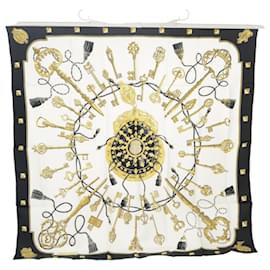 Hermès-HERMES Carre90 LES CLES Scarf Silk Black White Auth 101240-Black,White