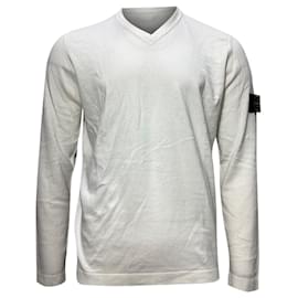 Stone Island-Sweatshirt V-neck en laine blanche avec patch logo Stone Island-Blanc