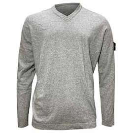 Stone Island-Sweatshirt V-neck en laine grise avec patch logo Stone Island-Gris