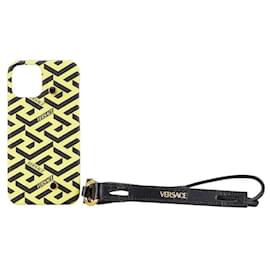 Versace-Versace La Greca iPhone 12 Leather Case-Yellow