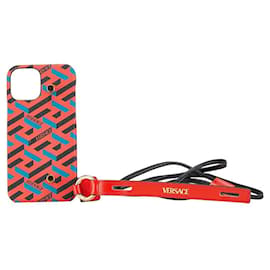 Versace La Greca iPhone 12 Leather Phone Case Red