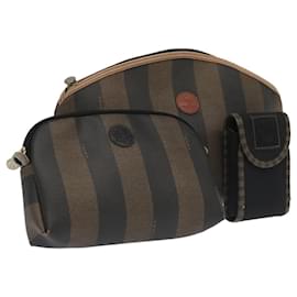Fendi-FENDI Pecan Canvas Pouch 3Set Black Brown Auth bs20037-Brown,Black