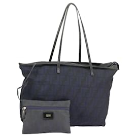 Fendi-FENDI Zucca Canvas Tote Bag Gold Navy Auth ep6478-Golden,Navy blue