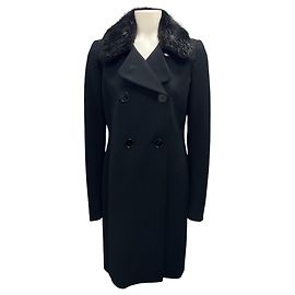 Prada Black 2010 Fur Collared Double Breasted Techno Coat Black