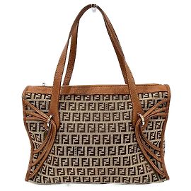 Fendi Zucchino Canvas Leather Handbag 8BL070 Brown