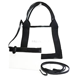Balenciaga-Balenciaga Navy Cabas XS Canvas Leather Bag-White