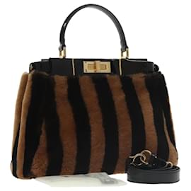 Fendi-FENDI Pecan Peek A Boo Sac à main régulier Mouton 2way Noir Marron Auth 101314S-Marron,Noir
