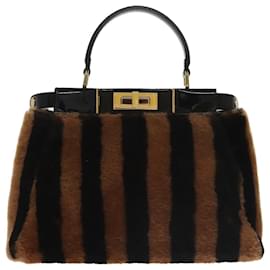 Fendi-FENDI Pecan Peek A Boo Sac à main régulier Mouton 2way Noir Marron Auth 101314S-Marron,Noir