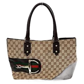 Gucci-Gucci Horsebit 137385 GG Canvas Tote Bag-Brown