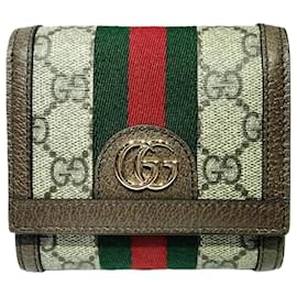 Gucci-GUCCI Offdia Shelly Line GG Supreme Bi-fold Wallet-Beige,Dark brown