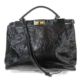 Fendi-Sac à main Fendi Peekaboo en cuir verni noir-Noir