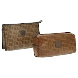 Fendi-FENDI Zucchino Canvas Clutch Bag Coated Canvas 2Set Brown Auth ti2312-Brown