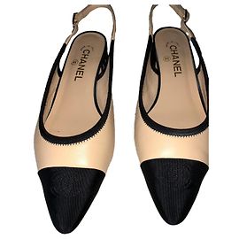 Chanel Slingback Kleiner Absatz Schwarz Beige Leder Stoff 39.5 Schwarz Beige
