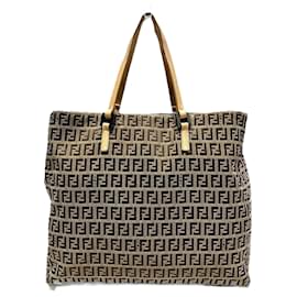 Fendi-Fendi Zucchino Canvas Leather Tote Bag-Brown