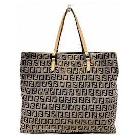Fendi-Fendi Zucchino Canvas Leather Tote Bag-Brown