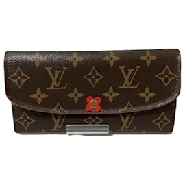 Louis Vuitton-Louis Vuitton Monogram Flower Portefeuille Emily M62941 Charm Long Wallet-Brown,Red