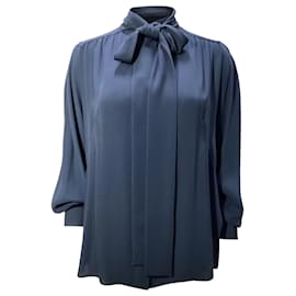 Akris-Akris Smocked Crepe De Chine Tie Neck Blouse in Navy Blue Polyester-Blue,Navy blue